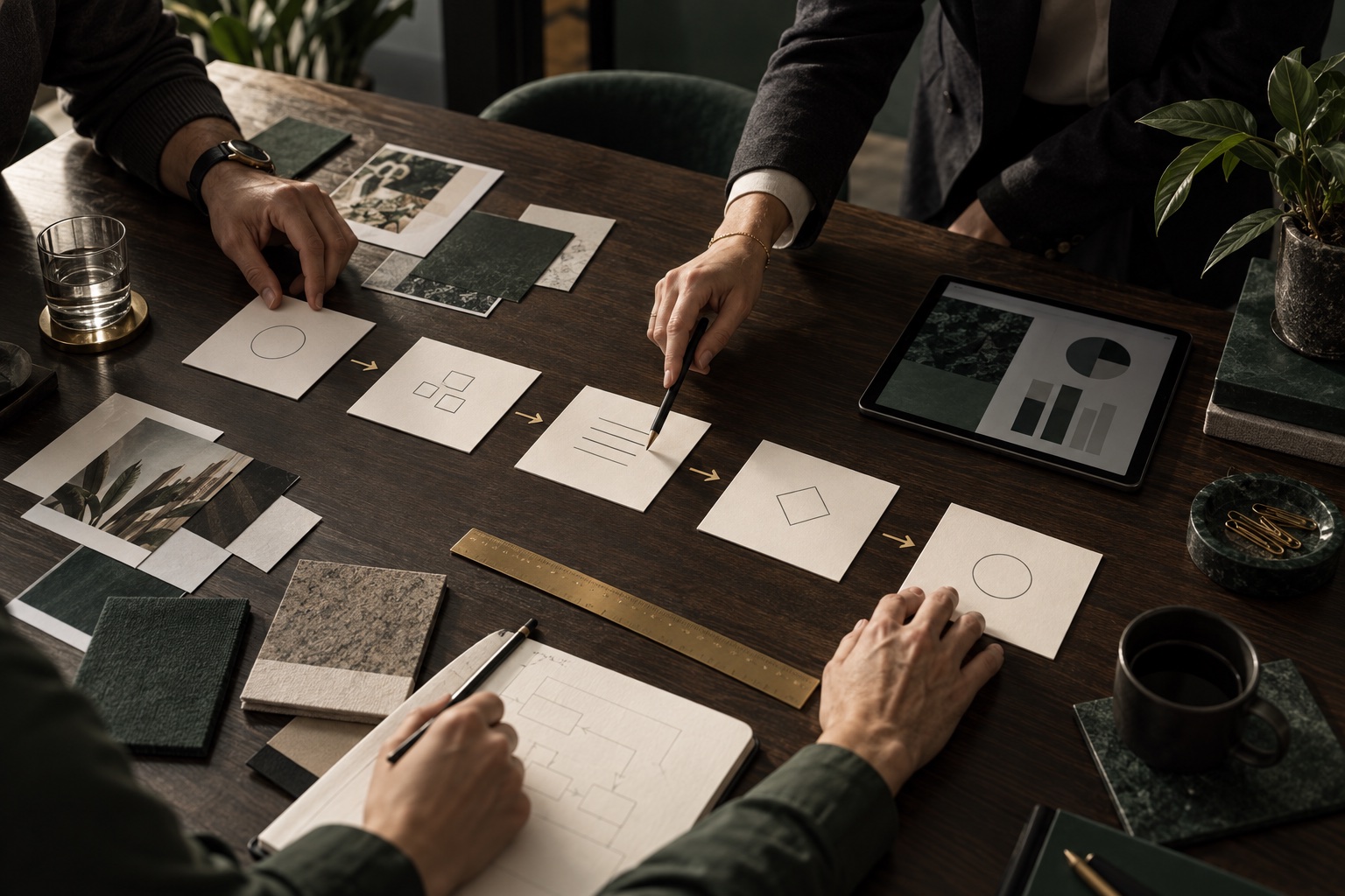 Equipo diseñando las cinco etapas de Alpha Core sobre una mesa de trabajo